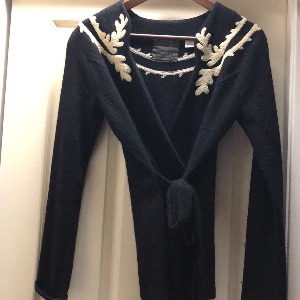 Anthro boiled wool black and cream wrap cardigan.